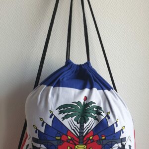 104.1Sac polochon en coton assorti du drapeau Haïti. Dim 35x42cm. Création artisanale par Anjero. Made in Paris. Prix 23,50€