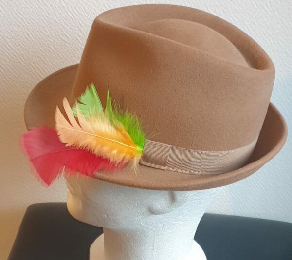 Chapeau classique en laine. Ce petit bord est proposé en beige assorti de plumes légères très attrayantes sur un modèle borsalino doux à porter. Toutes tailles. Confectionné en Italie.