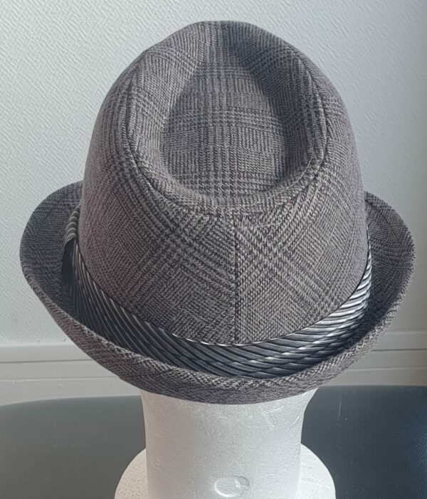 3.1 Chapeau classique Borsalino avec relevé arrière. Modèle petit bord sur ton gris chic et élégant. Sa matière en polycoton assurera un agréable confort. Un ruban décoratif monochrome placé à la base de la calotte ajoute assurément à la l'esthétisme de ce couvre-chef.