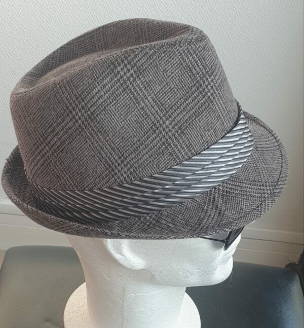 3.1 Chapeau classique Borsalino avec relevé arrière. Modèle petit bord sur ton gris chic et élégant. Sa matière en polycoton assurera un agréable confort. Un ruban décoratif monochrome placé à la base de la calotte ajoute assurément à la l'esthétisme de ce couvre-chef.