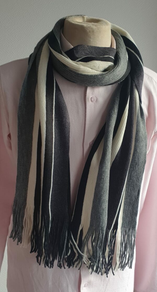 1.4 Foulard-Écharpe d'hiver en acrylique de couleur gris blanc noir. Fabriquée en Chine. Taille unique.